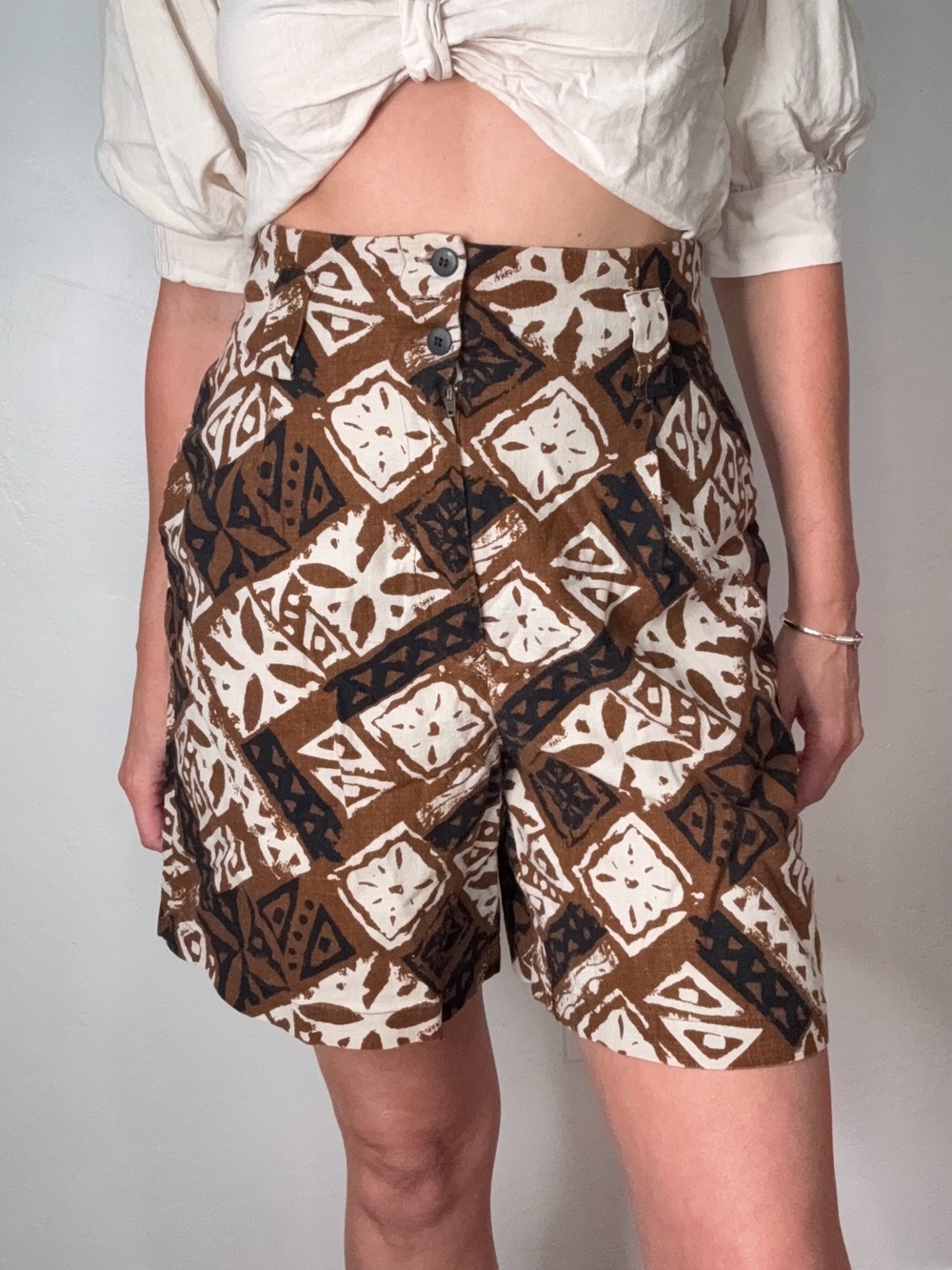 Express Brown & Cream Geometric High-Waist Bermuda Shorts